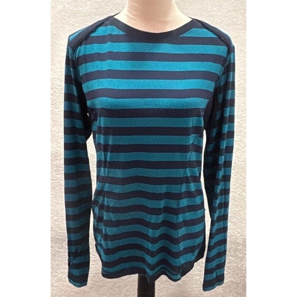 Lululemon Shirt Womens 10 Sports Athletic Long Sleeve Tee Blue/Green Striped